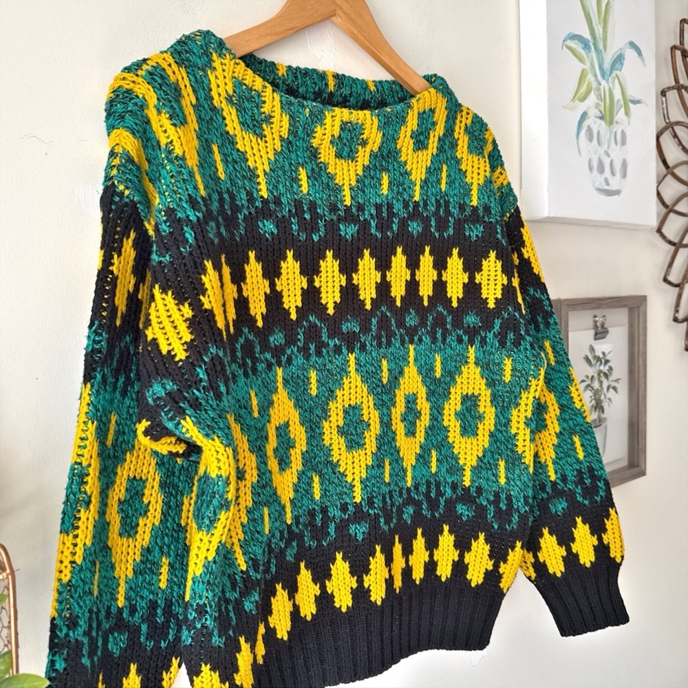 Vintage 80s 90s Grandpa Sweater Chunky Knit Oversized Pullover Colorful Size M - Picture 8 of 12